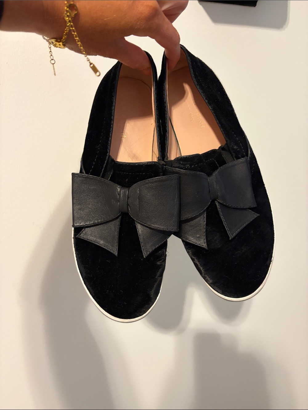 kate spade Black Velvet Slip-On Flats with Leather Bow